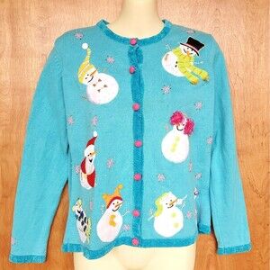 Vintage Berek Christmas Sweater Womens S Blue Cardigan Snowman Beaded Whimsical